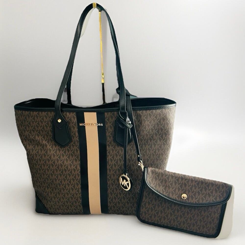 Michael Kors Eva Large Logo Stripe Tote Bag Plus Pouch Black Camel Laptop NWT